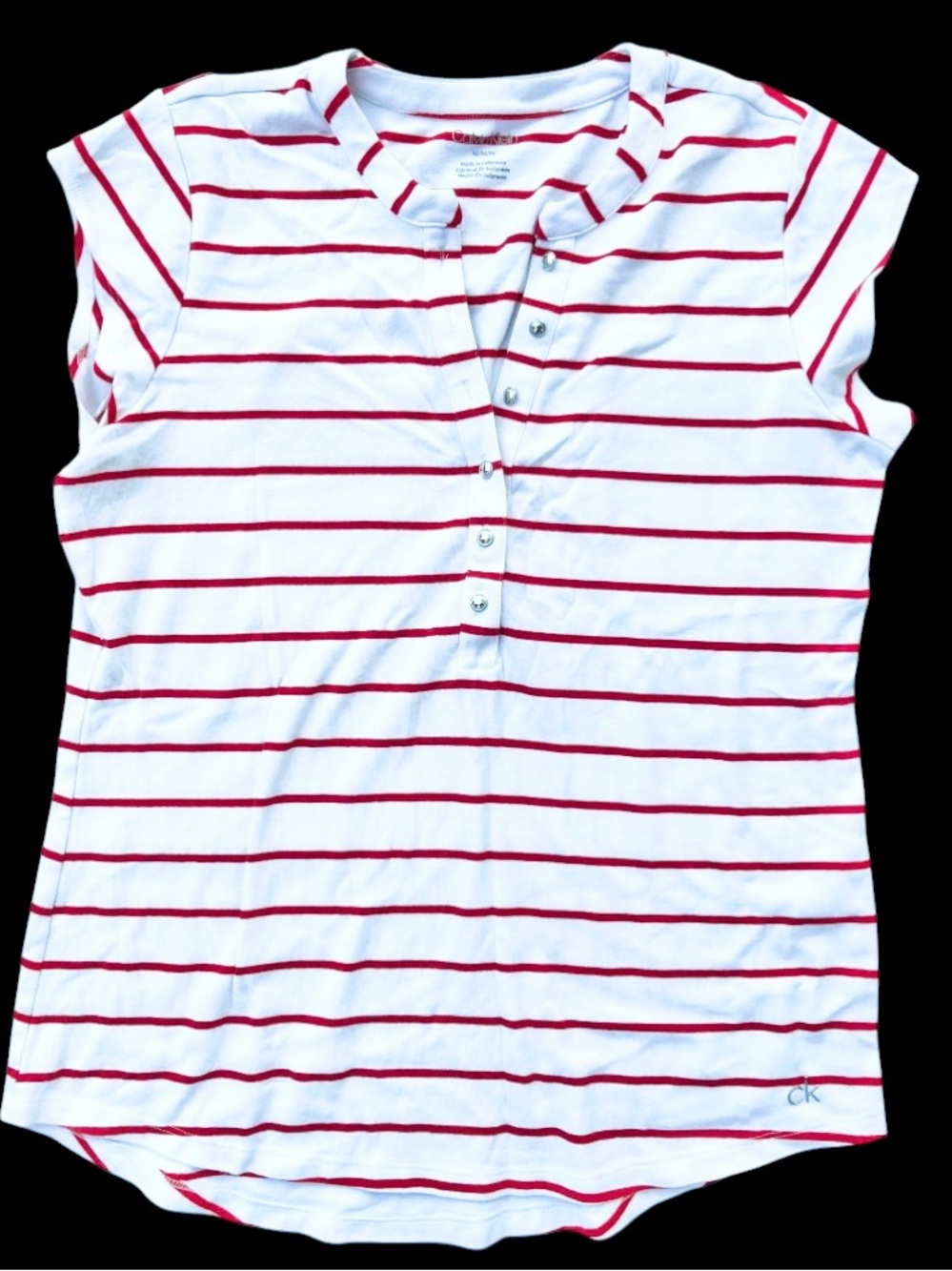 Calvin Klein Red and White Striped Short Sleeve T Shirt w/ Buttons Women’s M